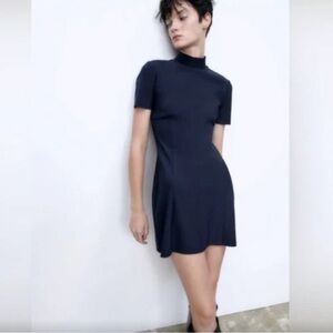 ZARA Women's Mock Neck A-Line Short Sleeve Mini Dress Navy Blue
Size S NWOT